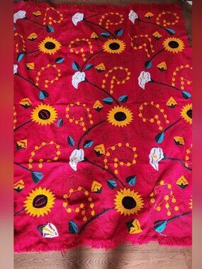 Wool Blend Artisan Handcrafted Vibrant Floral Embroidered Blanket Sunflower Lily